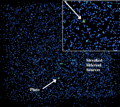 A Chandra X-ray Observatory image of Pluto (and surroundings). The image <br />is a composite of multiple snapshots shifted and added to keep Pluto as a <br />single point to maximize its detection, but leaving some other objects as <br />streaks. Astronomers were surprised and puzzled to find that the X-ray <br />emission is as strong as that coming from solar system objects with much <br />more substantial atmospheres. Credit: CXC; Lisse et al. Icarus May 2017