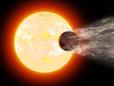 Artist’s impression of HD189733b, showing the planet’s atmosphere <br />being stripped by the radiation from its parent star. Credit: Ron Miller