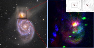 Left: Image of the Whirlpool galaxy and NGC 5195. Credit: Jon Christensen. <br />Right: False colour image of NGC 5195 created by combining the VLA 20 cm <br />radio image (red), the Chandra X-ray image (green), and the Hubble Space <br />telescope H-alpha image (blue). The image shows the X-ray and H-alpha <br />arcs, as well as the radio outflows from the supermassive black hole at the <br />centre of NGC 5195. Credits: NRAO / AUI / NSF / NASA / CXC / NASA / ESA <br />/ STScI / U. Manchester / Rampadarath et al. Right inset: e-MERLIN maps of <br />the nuclear region of NGC 5195 at 1.4 GHz (left) and 5 GHz (right). Images <br />display a partially resolved source with possible parsec-scale outflows. <br />Credit: e-MERLIN / U. Manchester / Rampadarath et al.