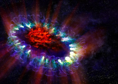 This artist's illustration of Supernova 1987A reveals the cold, inner regions of <br />the exploded star's remnants (red) where tremendous amounts of dust were <br />detected and imaged by ALMA. This inner region is contrasted with the outer <br />shell (blue), where the energy from the supernova is colliding (green) with <br />the envelope of gas ejected from the star prior to its powerful detonation. <br />Credit: A. Angelich / NRAO / AUI / NSF