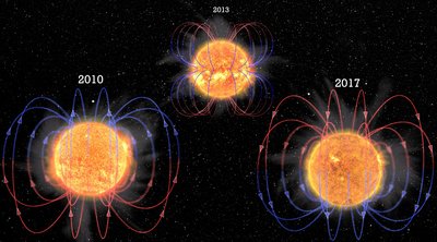 This combination of images and artist’s impression shows changes in the <br />Sun’s appearance and magnetic fields during part of the solar cycle. The <br />Sun’s magnetic field flips approximately every 11 years, defining this cycle. <br />The switch happens around at the maximum peak of magnetic activity, when <br />sunspot and flare activity reaches its peak. We show images of the Sun <br />captured by NASA's Solar Dynamics Observatory (SDO) combined with <br />artist's impressions to show the magnetic field of the Sun.<br /><br />Images: NASA/SDO/A. Strugarek et al; Illustrations: L. Almeida, <br />Federal University of Rio Grande do Norte (UFRN), Brazil
