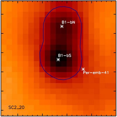 An image taken at submillimeter wavelengths of a star-forming core, showing that it <br />contains two young stellar embryos. Astronomers have concluded from a systematic <br />study of very young cores that most embryonic stars form in multiple systems, and <br />later some of them separate. Credit: Sadavoy and Stahler, MNRAS, Aug 2017