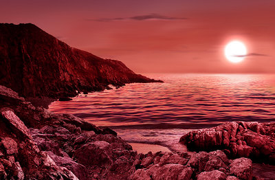 This artist's impression shows how the surface of a planet orbiting a red <br />dwarf star may appear. The planet is in the habitable zone so liquid water <br />exists. However, low levels of ultraviolet radiation from the star have <br />prevented or severely impeded chemical processes thought to be required <br />for life to emerge. This causes the planet to be devoid of life. <br />Credit: M. Weiss/CfA