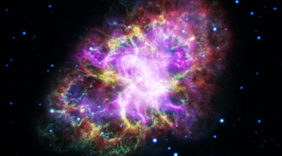 This composite image of the Crab Nebula was assembled with arbitrary color <br />scaling by combining data from five telescopes spanning nearly the entire <br />electromagnetic spectrum: the radio emission representing the wind of <br />charged particles from the central neutron star in red (VLA), the infrared <br />including the glow of dust particles absorbing ultraviolet and visible light in <br />yellow (Spitzer), the visible-light image featuring the hot filamentary <br />structures in green (Hubble), the ultraviolet image in blue and the X-ray <br />image in purple showing the effect of an energetic cloud of electrons <br />(XMM-Newton, Chandra). Credit: NASA / ESA / NRAO / AUI / NSF <br />and G. Dubner (University of Buenos Aires)