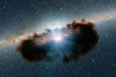 Many active galactic nuclei are surrounded by large, dark, donut-shaped <br />clouds of gas and dust, as seen in this artist’s rendering. A popular theory <br />known as the “unified theory” suggests that differences in the brightness of <br />active galactic nuclei, as seen from here on Earth, are due to the placement <br />of this donut of obscuring dust relative to our angle of observation. However, <br />new research suggests that two of the most common types of active galactic <br />nuclei do, in fact, exhibit fundamental physical differences in the way they <br />consume matter and spit out energy. Credit: NASA/JPL-Caltech