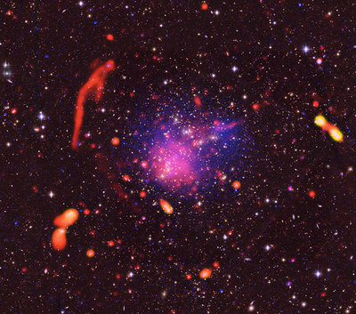 Composite image of Abell 2744, with radio, X-Ray, and optical data combined.  <br />Credit: Pearce et al.; Bill Saxton, NRAO/AUI/NSF; Chandra, Subaru; ESO.
