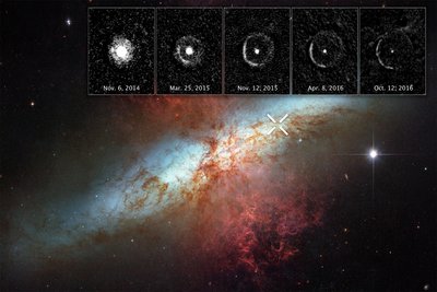 Over a period of two and a half years, NASA's Hubble Space Telescope <br />observed the &quot;light echo&quot; of supernova SN 2014J in galaxy M82, located <br />11.4 million light-years away.  Credits: NASA's Goddard Space Flight Center