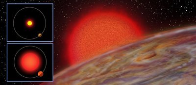 Upper left: Schematic of the K2-132 system on the main sequence.<br />Lower left: Schematic of the K2-132 system now. The host star has become <br />redder and larger, irradiating the planet more and thus causing it to expand. <br />Main panel: Gas giant planet K2-132b expands as its host star evolves into <br />a red giant. The energy from the host star is transferred from the planet's <br />surface to its deep interior, causing turbulence and deep mixing in the <br />planetary atmosphere. The planet orbits its star every 9 days and is <br />located about 2000 light years away from us in the constellation Virgo. <br />Sizes not to scale.  Credit: Karen Teramura, UH IfA