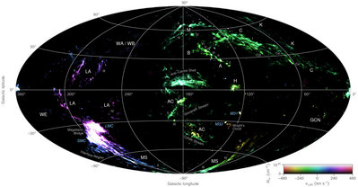 A false-colour all-sky map combining the column density and radial velocity of <br />high-velocity neutral hydrogen gas detected by the HI4PI survey. Brightness <br />corresponds to column density and hue to radial velocity. Credit: ICRAR
