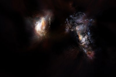 Artist impression of a pair of galaxies from the very early Universe. <br />Credit: NRAO/AUI/NSF; D. Berry