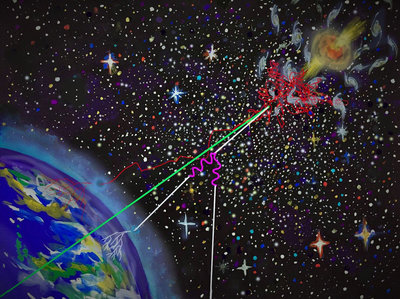 This image illustrates the &quot;multi-messenger'' emission from a gigantic <br />reservoir of cosmic rays that are accelerated by powerful jets from a <br />supermassive black hole. Credit: Kanoko Horio