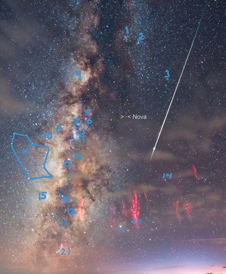 Milky Way with red sprites Perseid and Nova Ophiuchi annotated.png
