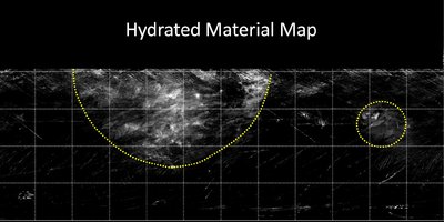 This map from NASA's Dawn mission indicates the presence of hydrated <br />minerals on the giant asteroid Vesta. Hydrated minerals are seen in white, <br />with areas of high concentrations circled with a yellow dotted line. The data <br />were obtained by Dawn's visible and infrared mapping spectrometer in <br />August 2011, from an altitude of 1,700 miles (2,700 kilometers). <br />Image Credit: NASA/JPL-Caltech/UCLA/INAF