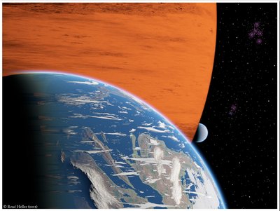 Artist’s conception of two extrasolar moons orbiting <br />a giant gaseous planet. (Credits: R. Heller, AIP)