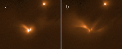 Hubble Space Telescope 1.6 micron images taken at two epochs corresponding <br />to pulse phases of 0 (a) and 0.3 (b) (Credit: Robert Gutermuth (UMass))