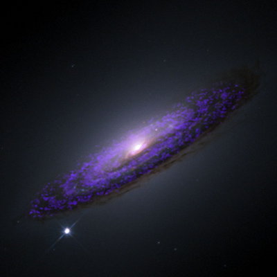 Hubble Space telescope image of NGC 4526, overlaid with our molecular gas <br />observations from CARMA. The black hole sits in the very center of the galaxy. <br />(Credit: NASA/ESA/Timothy A. Davis (ESO))