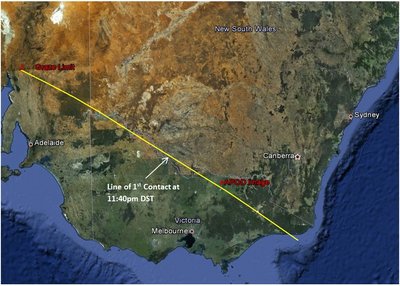 Yellow &quot;line&quot; shows all locations that 1st contact is seen at 11:40pm DST.  <br />Greg's location is essentially right on it.