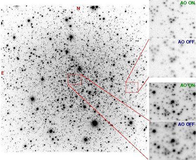 Globular cluster NGC 6496 observed with SAM. The image is about 3 arc <br />minutes across. The enlarged sections of the cluster show the image with <br />SOAR adaptive optics (AO) on and off. (Image Credit: NOAO/AURA/NSF)