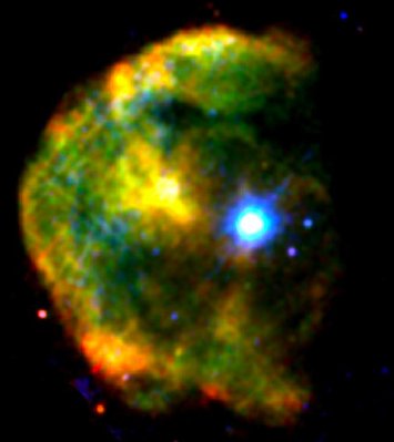 The magnetar 1E 2259+586 shines a brilliant blue-white in this false<br />color X-ray image of the CTB 109 supernova remnant, which lies about <br />10,000 light-years away toward the constellation Cassiopeia. CTB 109 <br />is only one of three supernova remnants in our galaxy known to harbor <br />a magnetar. X-rays at low, medium and high energies are respectively <br />shown in red, green, and blue in this image created from observations <br />acquired by the European Space Agency's XMM-Newton satellite in 2002.<br />Credit: ESA/XMM-Newton/M. Sasaki et al.