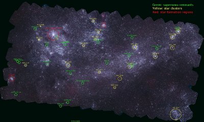 Nearly a million ultraviolet sources appear in this mosaic of the Large <br />Magellanic Cloud, which was assembled from 2,200 images taken by <br />Swift's Ultraviolet/Optical Telescope. The 160-megapixel image required <br />a cumulative exposure of 5.4 days. The image includes light from 1,600 <br />to 3,300 angstroms - wavelengths largely blocked by Earth's atmosphere <br />- and has an angular resolution of 2.5 arcseconds at full size. The LMC is <br />about 14,000 light-years across.