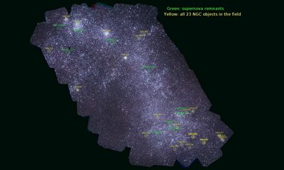 The Swift mosaic of the Small Magellanic Cloud contains about 250,000 <br />ultraviolet sources. The 57-megapixel image was assembled from 656 <br />separate snapshots. The image has a total exposure time of 1.8 days, <br />an angular resolution of 2.5 arcseconds at full size, and maps UV light <br />at wavelengths between 1,600 and 3,300 angstroms. The SMC is about <br />7,000 light-years across.