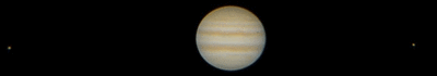 Jupiter, with (L-R) Ganymede, Europa (occulted in frame 1) and Io, 20-Dec-2013 13:39 &amp; 14:02 UT.