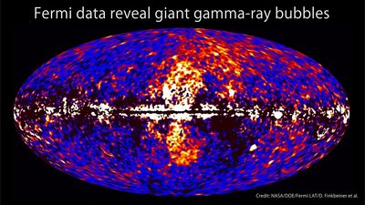 A giant gamma-ray structure emerges by processing Fermi all-sky data at <br />energies from 1 to 10 GeV. The dumbbell-shaped feature emerges from the <br />galactic center and extends 50 degrees north and south from the plane of the <br />Milky Way. A supermassive black hole weighing about 4 million times the sun's <br />mass also lurks in the galactic center; these &quot;gamma-ray bubbles&quot; may have <br />arisen as a result of a past eruption by the black hole or another source near <br />the galactic center. (Credit: NASA/DOE/Fermi LAT/D Finkbeiner)