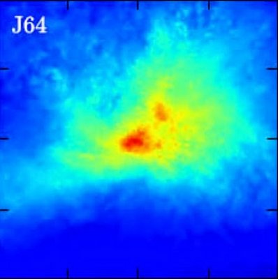 A simulation of the formation of the first stars. A new computer code can track <br />to very small scales the process of star formation in the early Universe, when <br />stars were made from hydrogen gas. The image shows the distribution of gas <br />density (red is high density) over a region only 200 astronomical units in size. <br />(The legend refers to the simulation number) (Credit: Greif et al 2013 MNRAS)