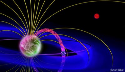 Schematic of a plasma torus around an exoplanet, which is created by the ions <br />injected from an exomoon's ionosphere into the planet's magnetosphere.