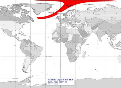 Total eclipse path is the red area