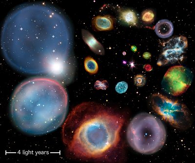 A collage showing 22 individual planetary nebulae artistically arranged in <br />approximate order of physical size. Each nebula's size is calculated from <br />the authors' new distance scale, which is applicable to all nebulae across <br />all shapes, sizes and brightnesses. The very largest planetary nebula <br />currently known is nearly 20 light years in diameter, and would cover the <br />entire image at this scale. <br />Credit: ESA/Hubble &amp; NASA, ESO, Ivan Bojicic, David Frew, Quentin Parker