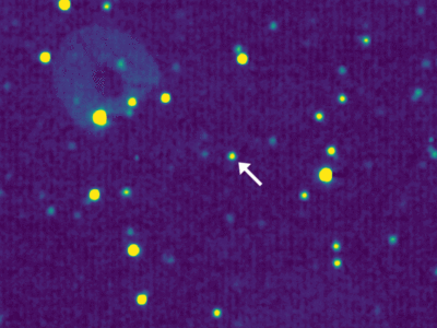 The first two of the 20 observations that New Horizons made of 1994 JR1 in <br />April 2016. The Kuiper Belt object is the bright moving dot indicated by the <br />arrow. The dots that do not move are background stars. The moving feature <br />in the top left is an internal camera reflection (a kind of selfie) caused by <br />illumination by a very bright star just outside of LORRI's field of view; it <br />shows the three arms that hold up LORRI's secondary mirror. <br />Credits: NASA/JHUAPL/SwRI