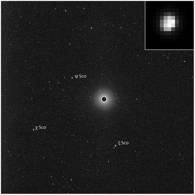 -  Vesta in Scorpius -<br />Dawn is leading Vesta, heading below the ecliptic.   The picture is taken looking back at the faster Vesta which is supposed to catch up in July.<br />(click to enlarge)