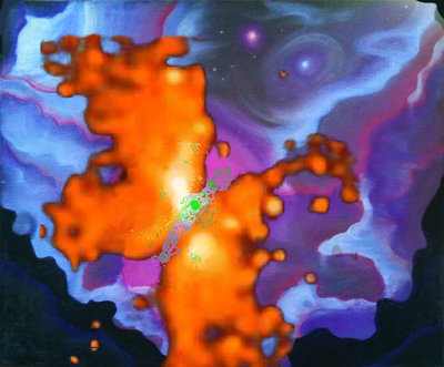 This artistic impression shows the universe around the star formation area <br />with, as an overlay, the scientists' observations. (c) V. Allen/A. Elconin