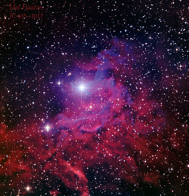 The Flaming Star Nebula (IC 405), embedded in the Milky Way deep in the constellation of Auriga, glows primarily in the light of atomic hydrogen excited by the massive star AE Aur as it rapidly moves through the interstellar cloud of gas and dust comprising the nebula. The wispy blue emission curling away from this 23 solar mass star resembles smoke, giving rise to the sensation that it is “on fire.” The data used to prepare this picture were collected as unguided 1-min sub-exposures at the Burke-Gaffney Observatory in Halifax by a robotic 0.61-m Planewave CDK24 reflector (f/6.5) equipped with an Apogee CG-16M CCD camera and Astrodon broadband (LRGB) and narrowband (H-alpha) filters. The camera output was binned 2x2 to provide a 2048 x 2048 px image-plane with an full field-of-view of 31.9 x 31.9 arcmins2, and a resolution of 0.94-arcsecs/binned pixel. The sub-exposures were integrated using CCDStack (CCDWare) to produce mean grey-scale images of 1.3, 1.1, 1.1, 1.8 and 2.9-hrs duration in the LRGB and H-alpha bands, respectively. The mean H-alpha image was blended in Photoshop (Adobe) with both the mean Luminance and Red images to enhance their detail. The results were high-pass filtered and combined with the mean G and B images to produce the colored image. Stellar profile shapes were corrected to reduce distortions introduced by the lack of guiding, and the final image was cropped to a spatial size of ~11.1 lys in each dimension at the assumed distance to the star.