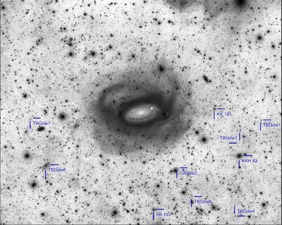 Sunflower Galaxy and Labelled Satellites - Negative