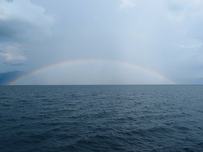 the rainbow over the Lake Inawashiro  in Fukushima, Japan