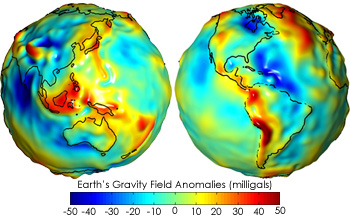 Geoid shown in milligals =&gt; Blue is less gravity &amp; major features agree fairly well with the newer / better GOCE data