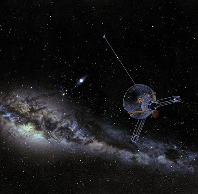 An artist's impression of Pioneer 10 heading out of the solar <br />system towards the galactic center. (Credit: NASA Ames)