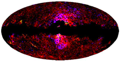 The image shows emission from the center of the Milky Way, detected by the <br />PLANCK satellite. The black zone mask is emission from the galactic disk, the <br />blue-red-white zone in the center of the map is the new abnormal radiation.<br />(Credit: Planck Collaboration)