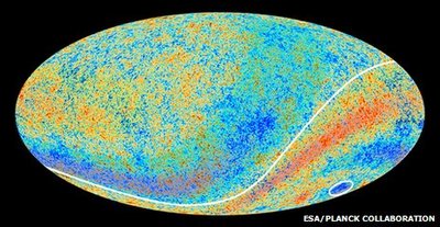 Latest image of the cosmic microwave background radiation.<br />Credit: ESA/Planck Collaboration
