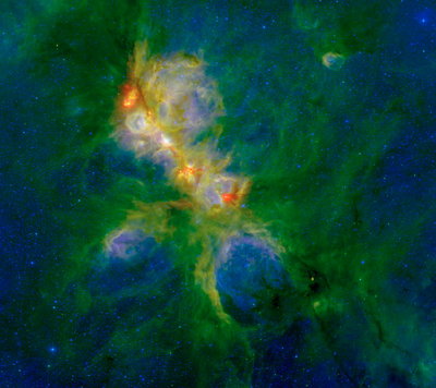 NGC 6334 infrared data from the Herschel and Spitzer spacecraft <br />and ground-based NEWFIRM instrument. Credit: S. Willis (CfA); <br />ESA/Herschel; NASA/JPL-Caltech/SSC; CTIO/NOAO/AURA/NSF